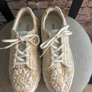 Free People Cream & Tan Crochet Lace-Up Sneakers
